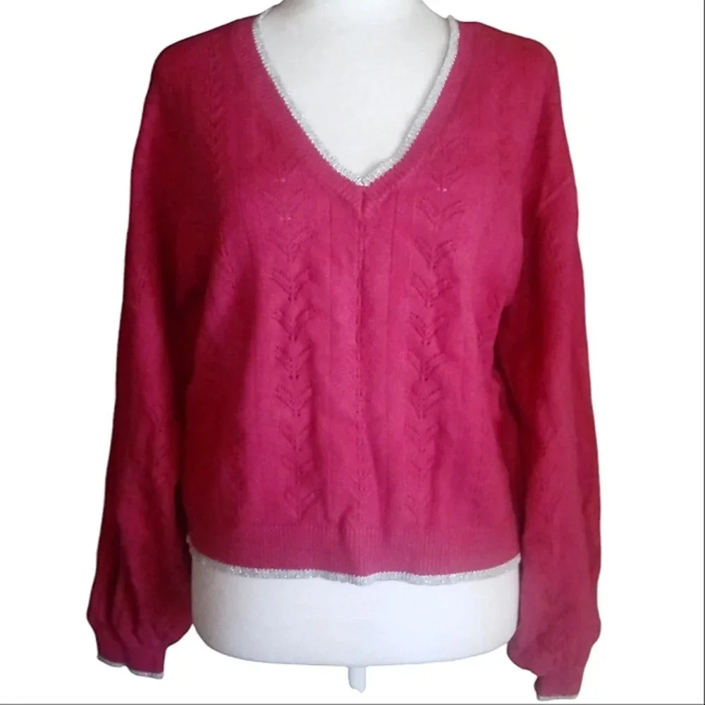 Cupcakes & Cashmere Pink Ravi Knit Sweater Silver Trim Size Large NWT